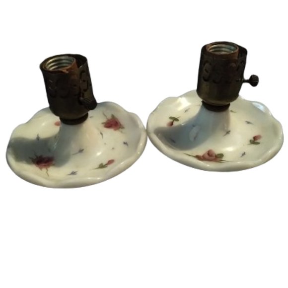 Roses Vintage milk glass lamps pair of candlestick working white lamps victorian - Picture 1 of 7